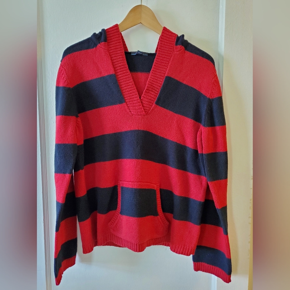 Nautica Red & Navy Rugby Stripe Hooded Knit Sweater Women's Size L